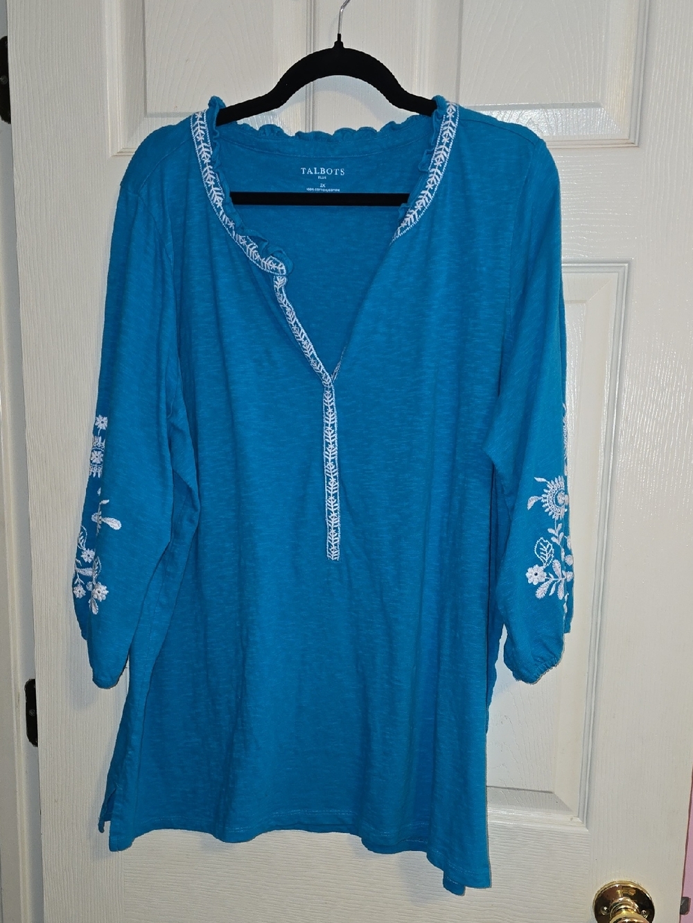Talbots Teal Blue Embroidered Split-Neck Tunic